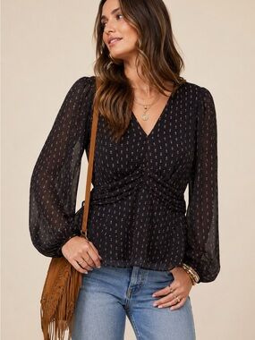 Pleione Black Floral Ruched Peplum Blouse With Sheer Sleeves Boho Chic
